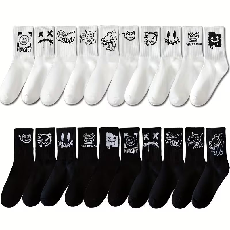 Graphic Print Crew Socks, Streetwear Multi-Pack
