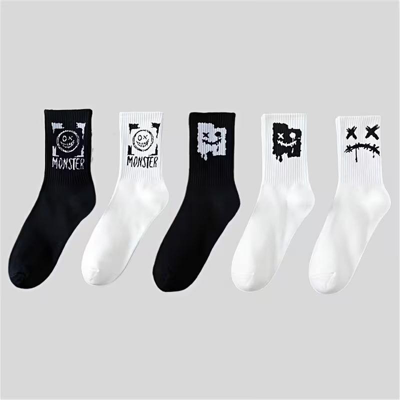 Graphic Print Crew Socks, Streetwear Multi-Pack