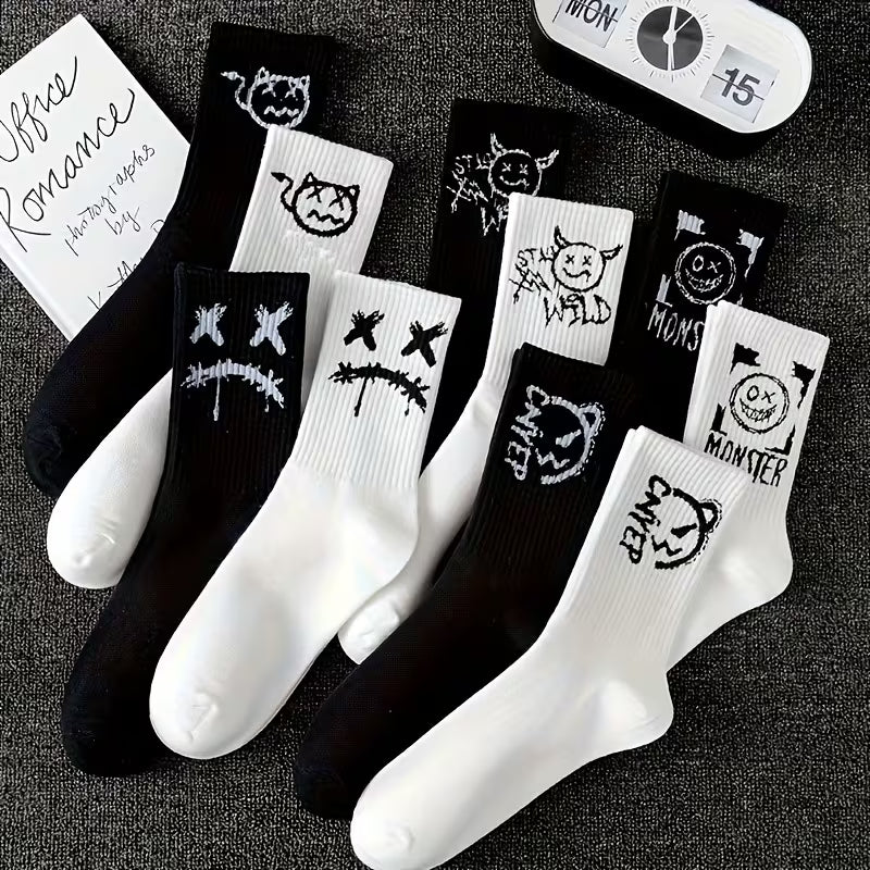 Graphic Print Crew Socks, Streetwear Multi-Pack