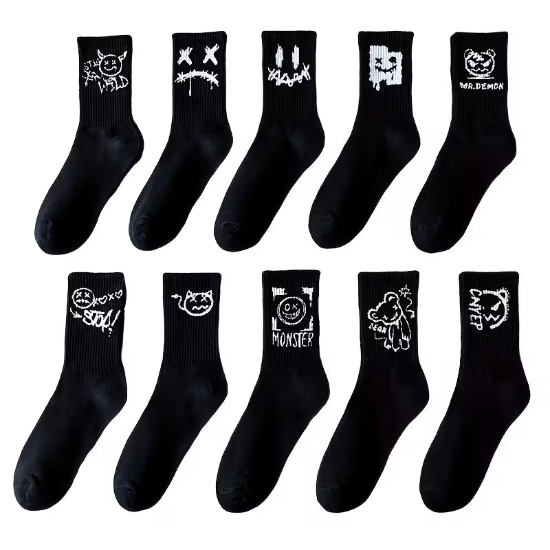 Graphic Print Crew Socks, Streetwear Multi-Pack