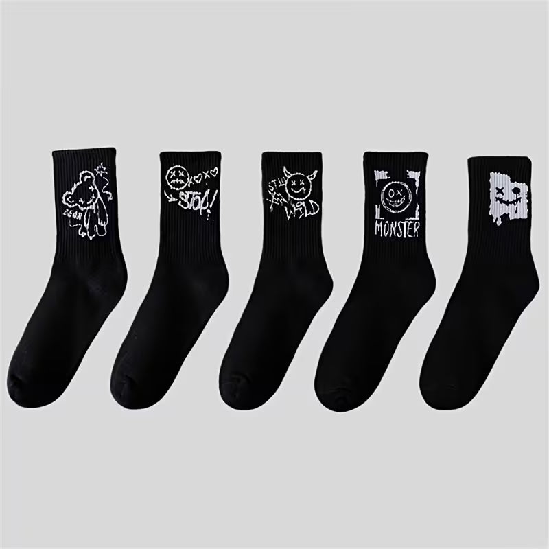 Graphic Print Crew Socks, Streetwear Multi-Pack
