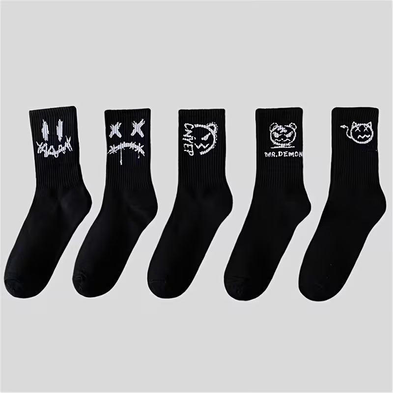 Graphic Print Crew Socks, Streetwear Multi-Pack