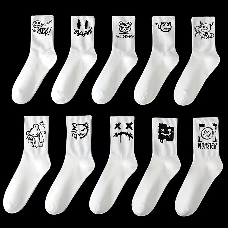 Graphic Print Crew Socks, Streetwear Multi-Pack