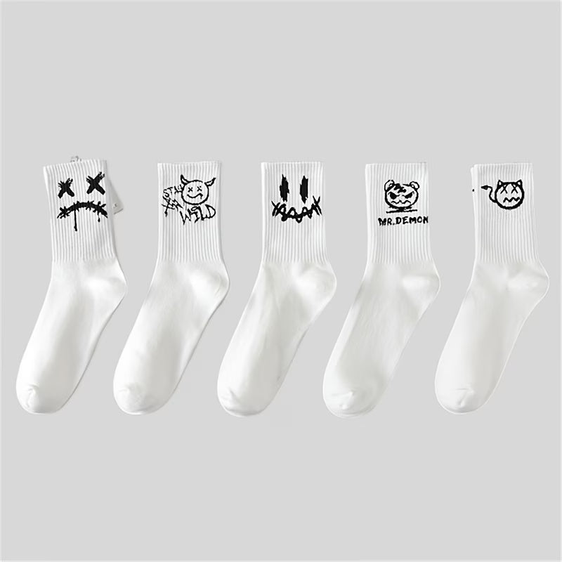 Graphic Print Crew Socks, Streetwear Multi-Pack