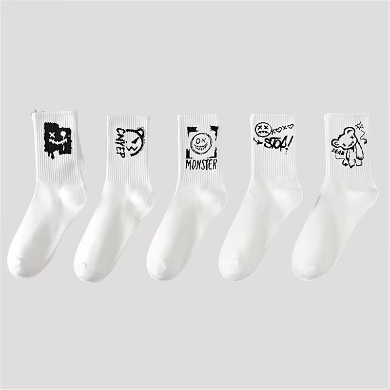 Graphic Print Crew Socks, Streetwear Multi-Pack